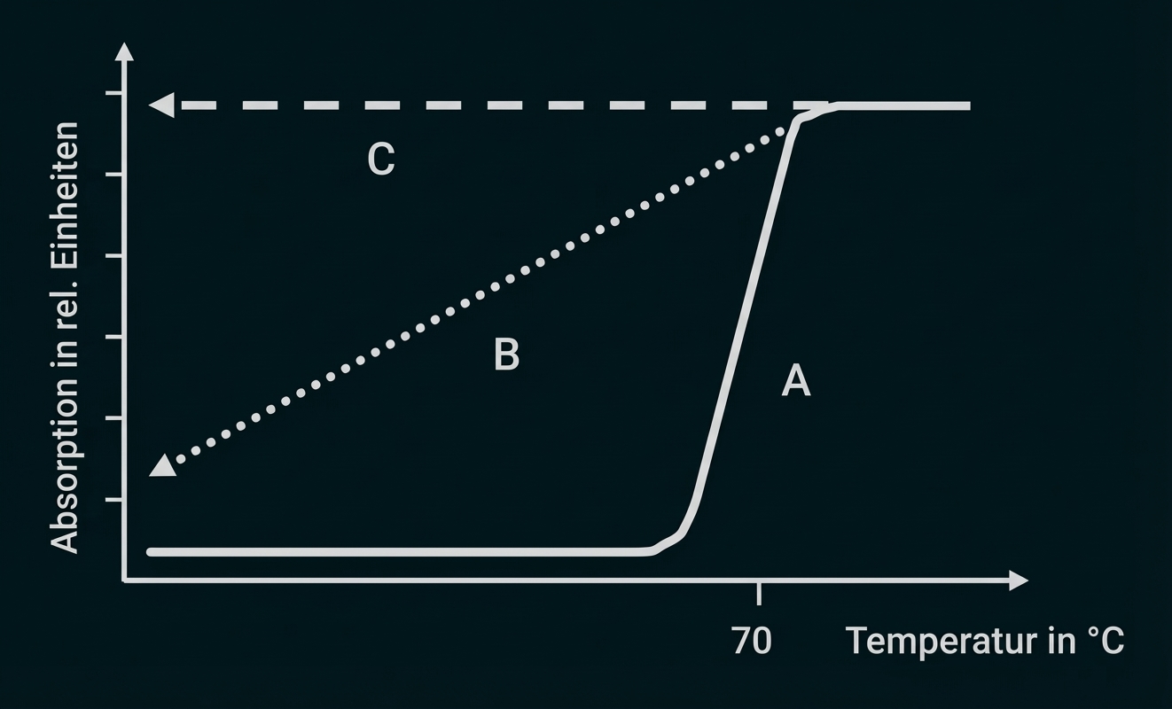 Diagramm: Absorption vs Temperatur mit drei Kurven. A: steiler Anstieg bei 70 °C; B: linear ansteigend; C: konstant hoch.
